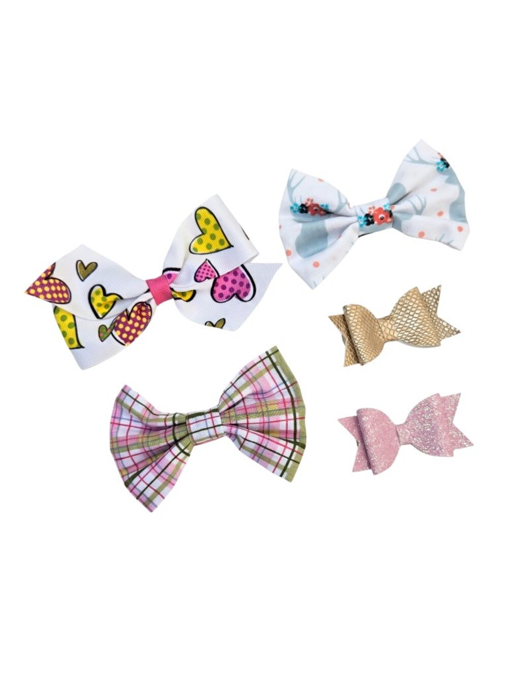 New | 5 Pack Toddler Hair Bows Assorted Hearts Plaid Glitter